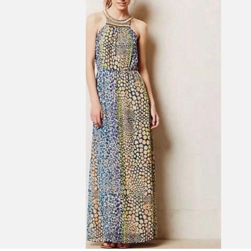 Anthropologie HD in Paris Mayacamas Multi-Color Maxi Dress Beaded‎ Halter 8 NWOT